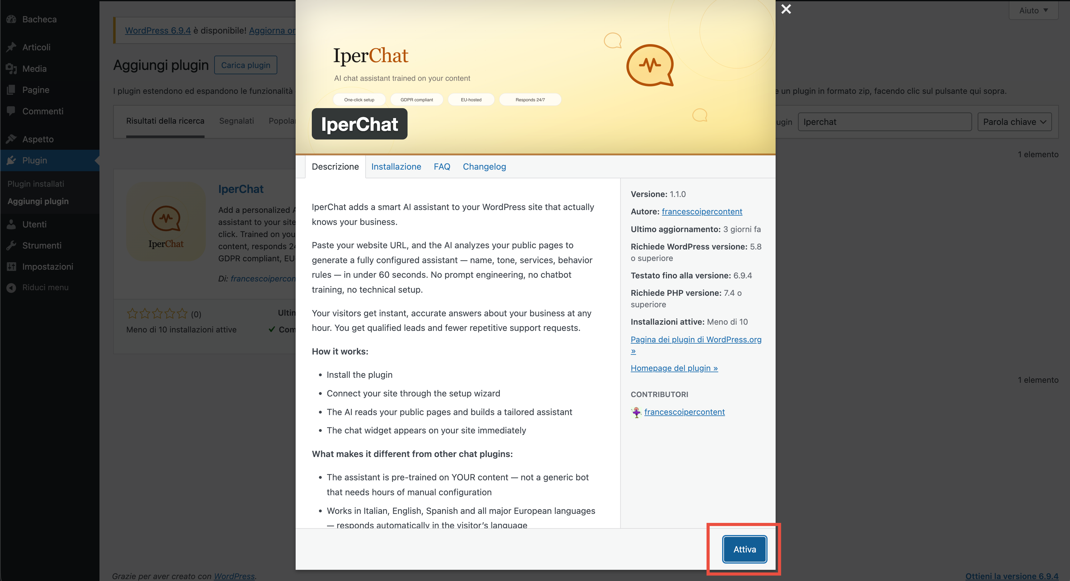 Pulsante "Attiva" del plugin IperChat dopo l'installazione