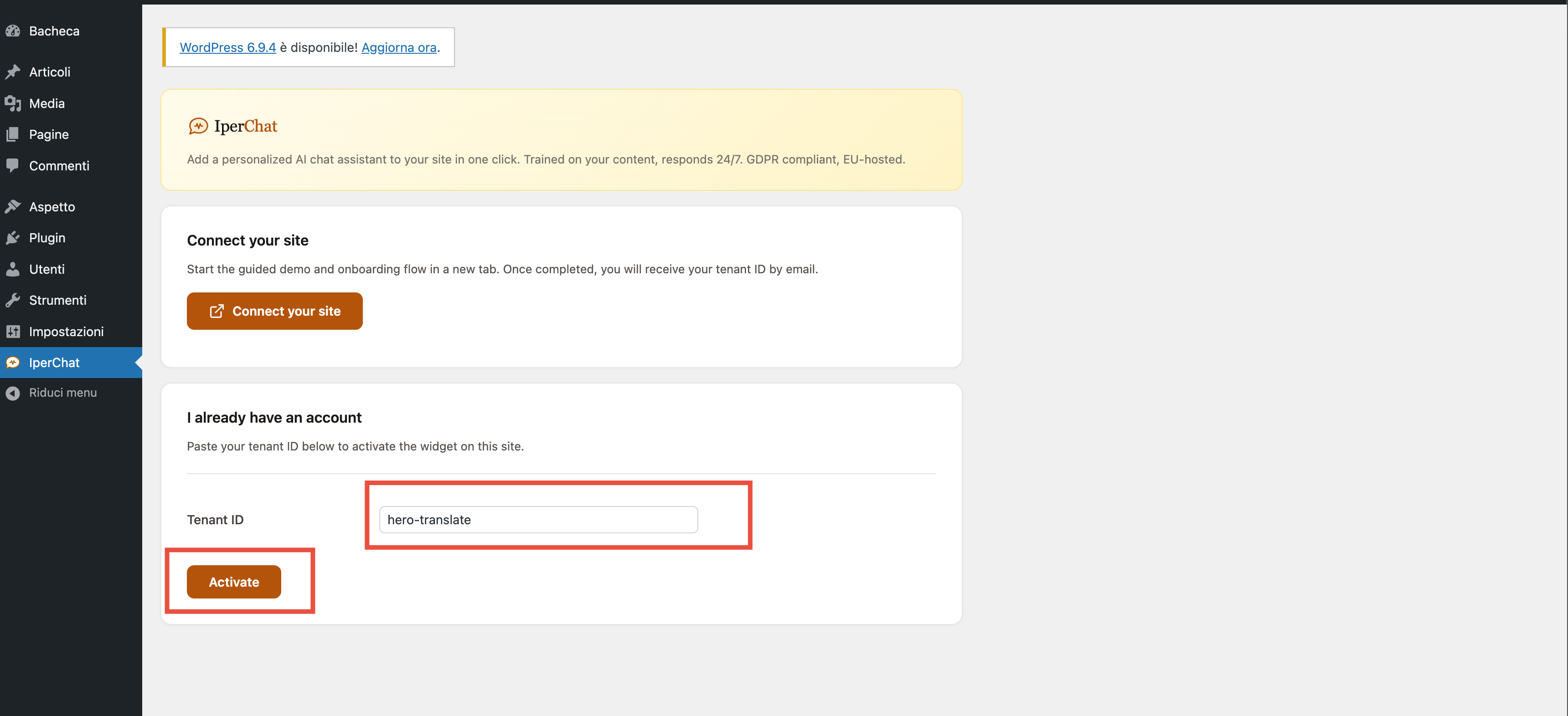 Pagina Impostazioni → IperChat del plugin WordPress con il campo Tenant ID compilato